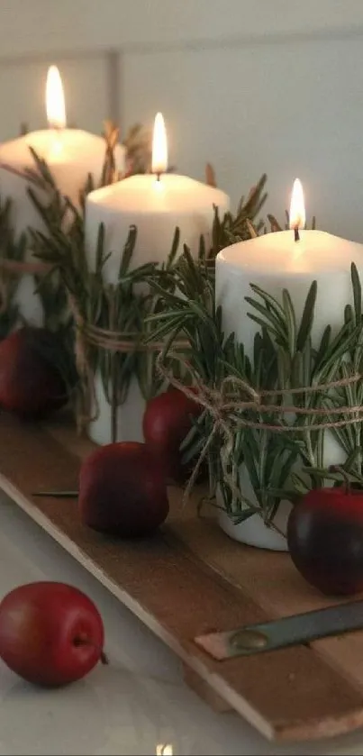 Cozy rustic wallpaper with candles and apples.