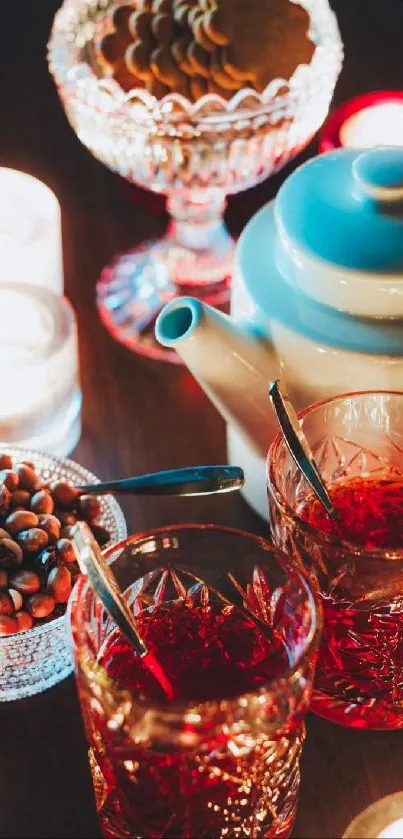 Cozy candlelit scene with tea set and snacks.