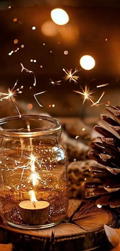 Cozy candlelit winter scene with pinecone.