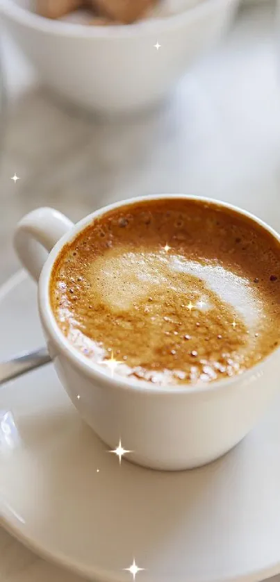 Cozy cappuccino in white cup on table.