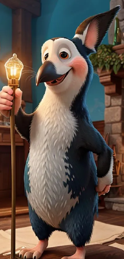 Cartoon character holding a lamp in a cozy room setting.