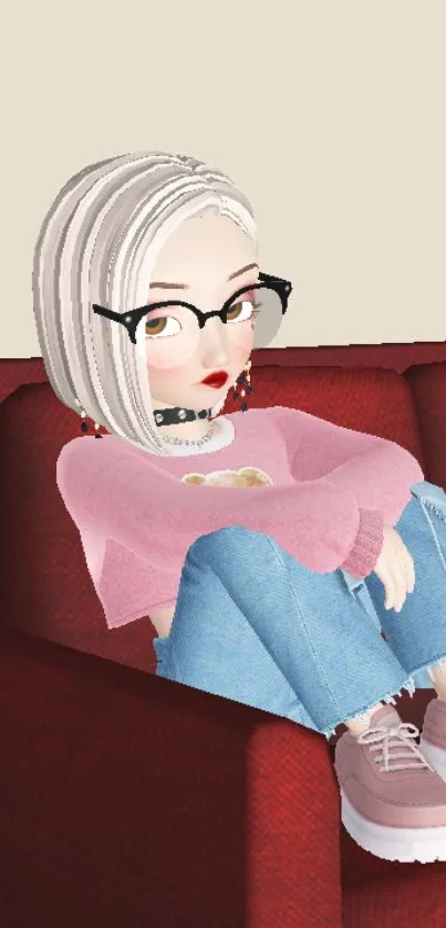 Cartoon character with glasses on a red couch, wearing pink and blue.