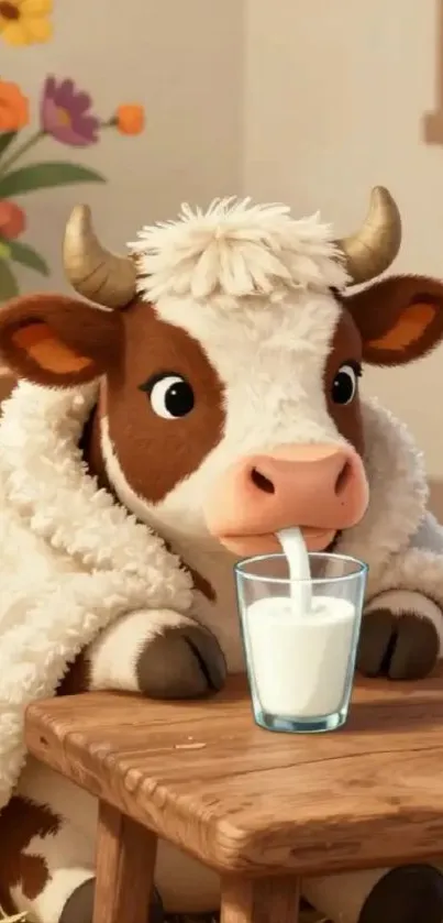 Cartoon cow wrapped in blanket drinking milk.