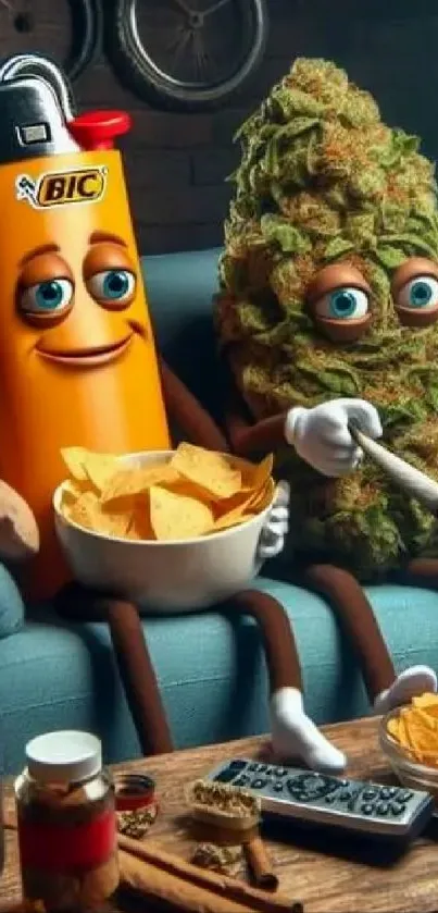 Cartoon lighter and cannabis character relaxing on sofa with snacks.