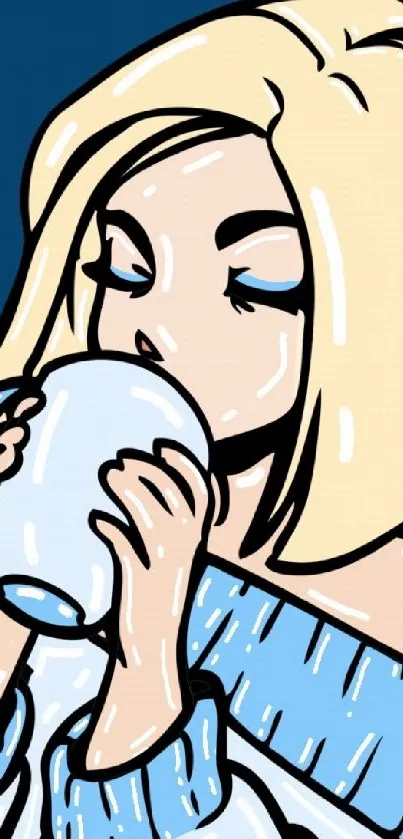 Cartoon girl sipping coffee in blue and beige tones.