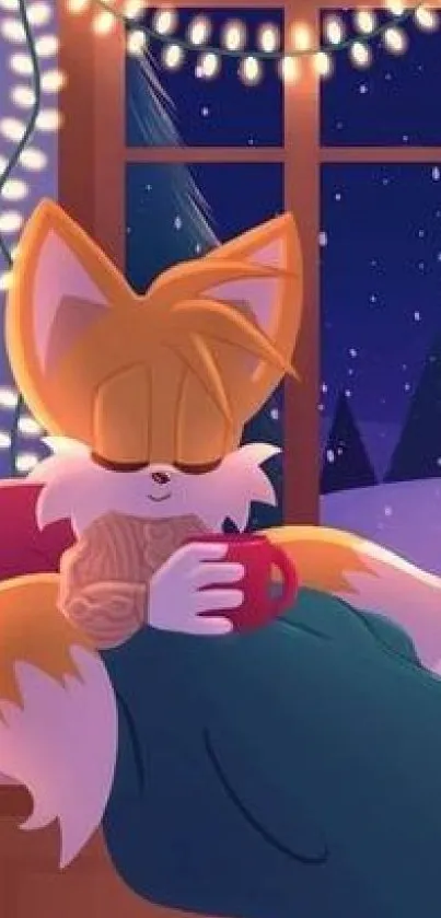 Cozy cartoon character sipping drink indoors with winter view.