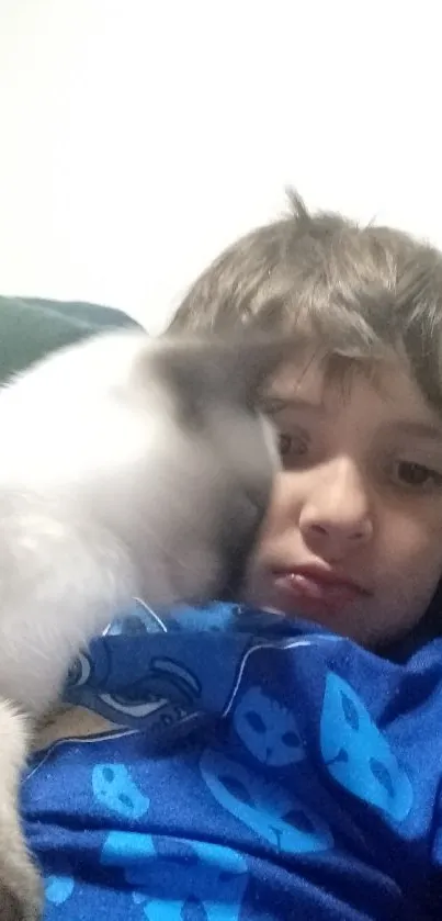 Child snuggling with a cat on a blue couch.