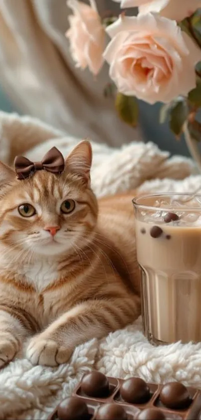 Cat with a bow and iced coffee beside roses on a cozy blanket.
