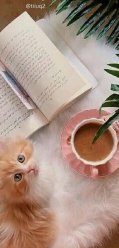 Fluffy kitten with coffee and book setting.