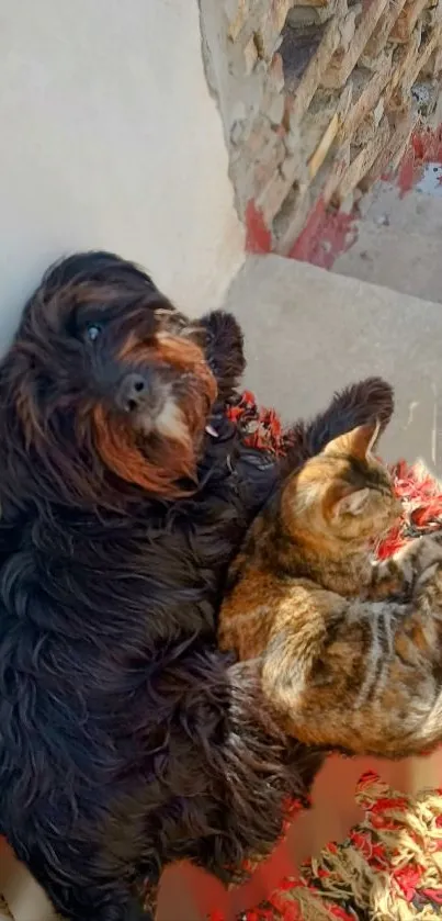 A fluffy black dog and a tabby cat cuddling on a colorful rug.