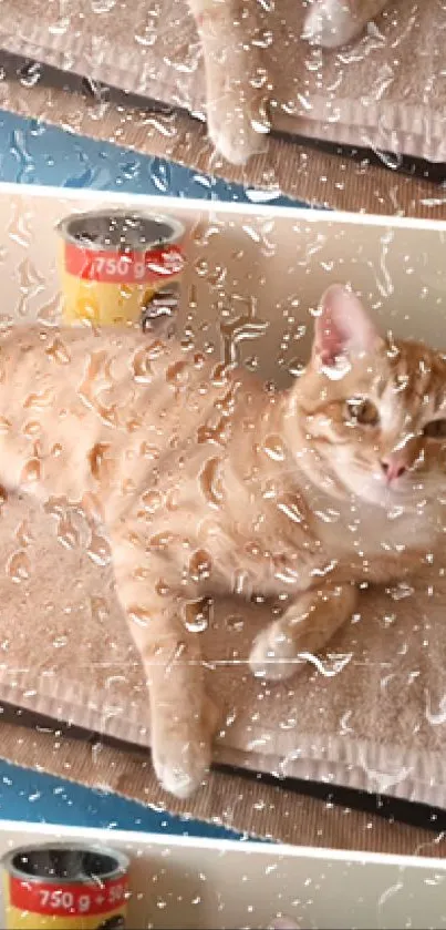 Orange cat behind raindrops, lying on a cushion.