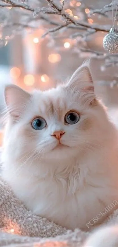 Adorable white cat with blue eyes by a snowy Christmas tree.