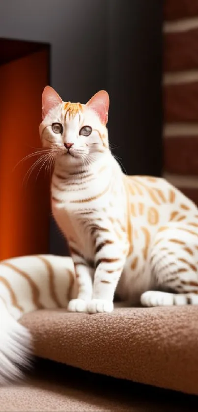 Bengal cat sitting by a glowing fireplace in a cozy room setting.