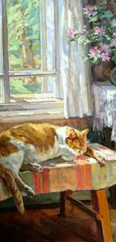 Cozy cat lounging by sunlit window with flowers.