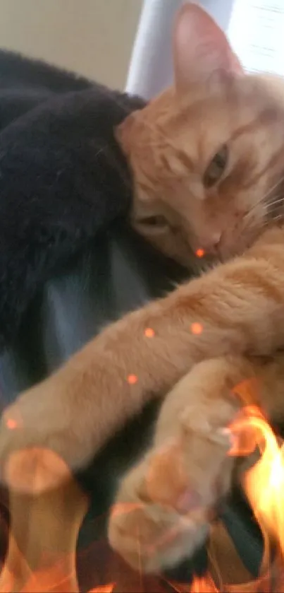 Orange cat resting with cozy flames.