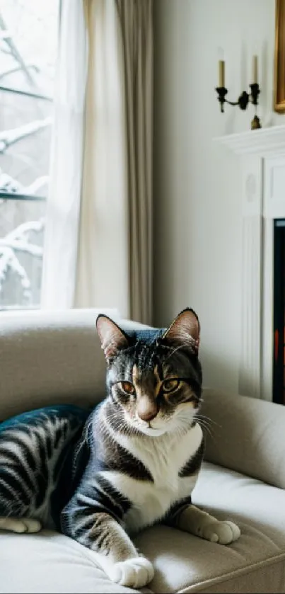 Cat lounging on beige sofa by fireplace in cozy room.