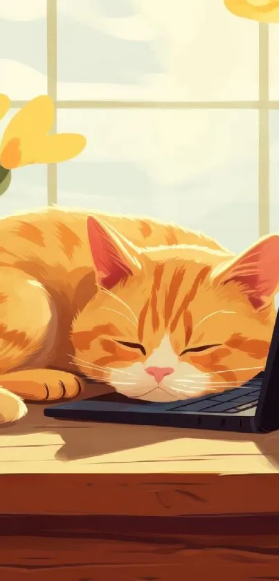 Cozy orange cat sleeping by a laptop with sunlit flowers outside the window.