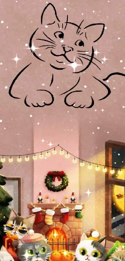 Festive scene with cats by a cozy Christmas fireplace.