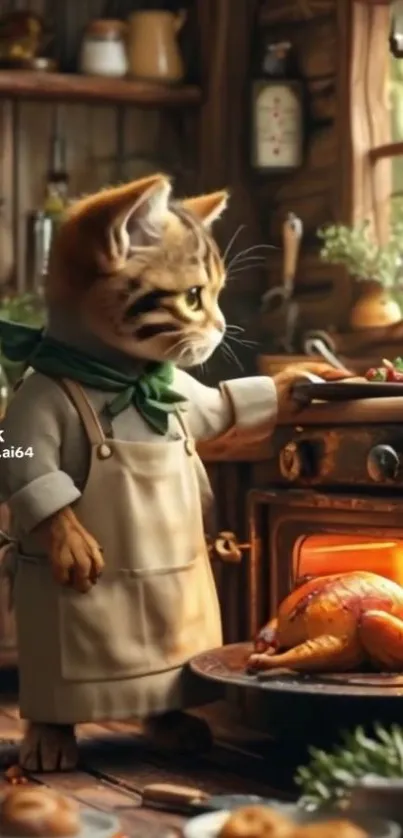 Cat wearing apron cooking in a rustic kitchen