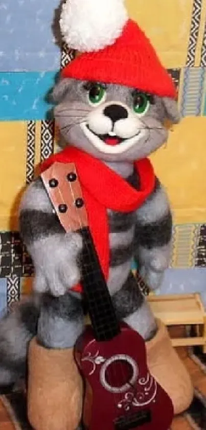 Adorable cat doll with guitar in colorful knitted outfit.