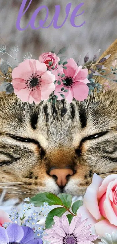 A cozy cat nestled in fluffy textures with a floral frame.