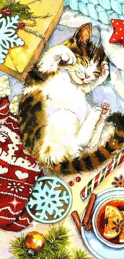 Cozy holiday cat with festive decor