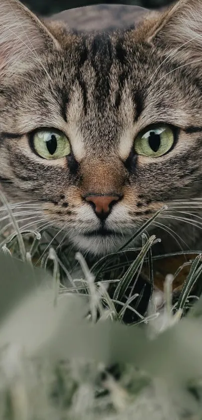 Tabby cat with green eyes peeks through grass in cozy nature setting.