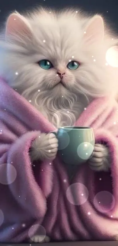 Adorable fluffy cat in a pink robe with a cup.