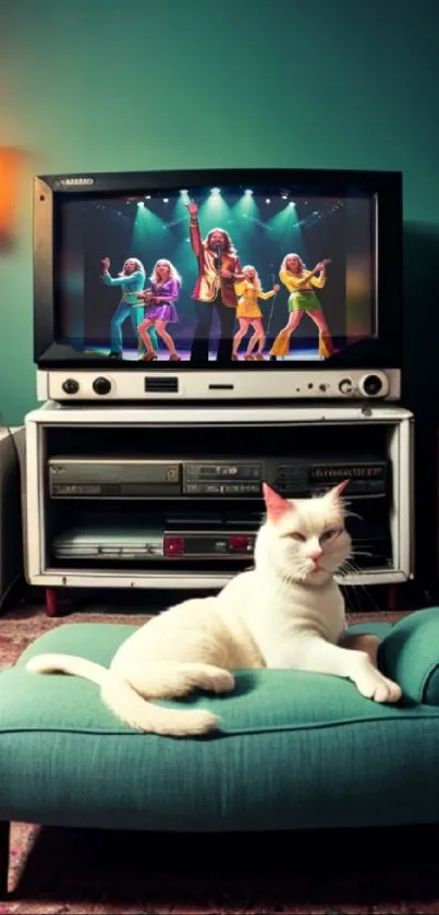 White cat on teal couch in vintage room.