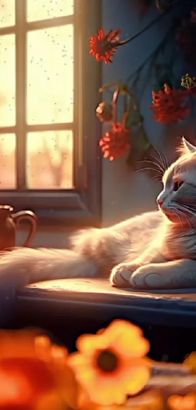 Cat resting by a window in sunset with flowers