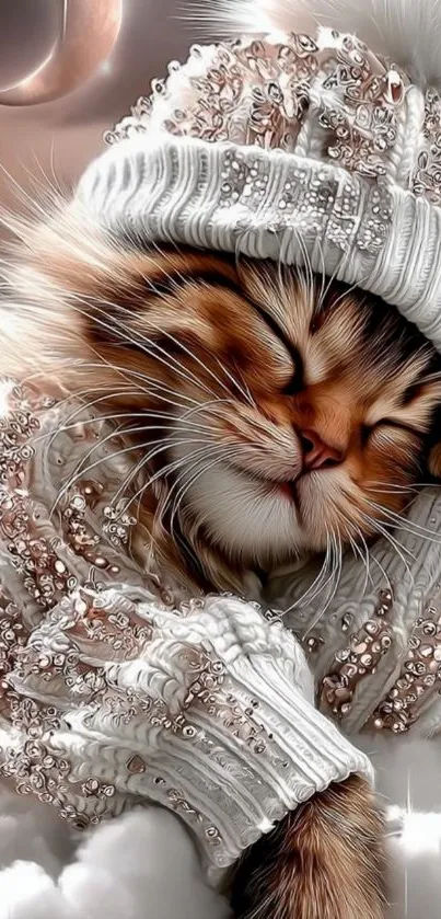 Cat in embellished sweater resting on clouds under a crescent moon.