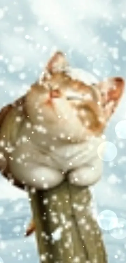 Cute cat enjoying snowfall in a cozy winter scene.