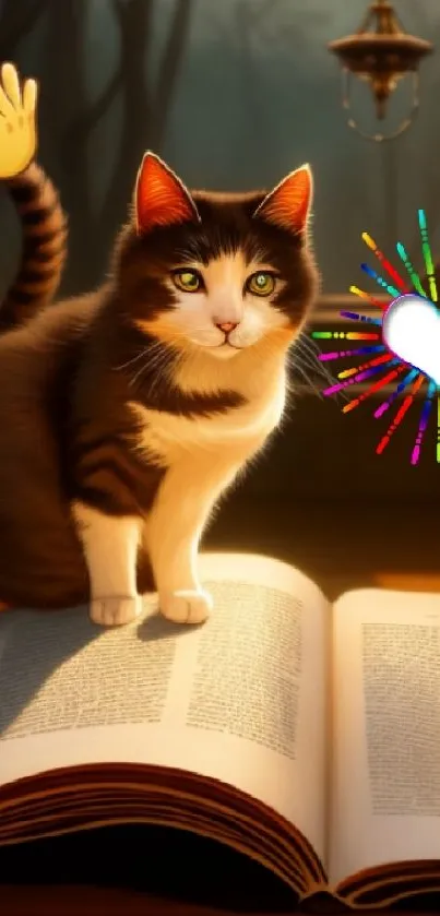 Cute cat stands on an open book, warm ambiance, with heart graphic.