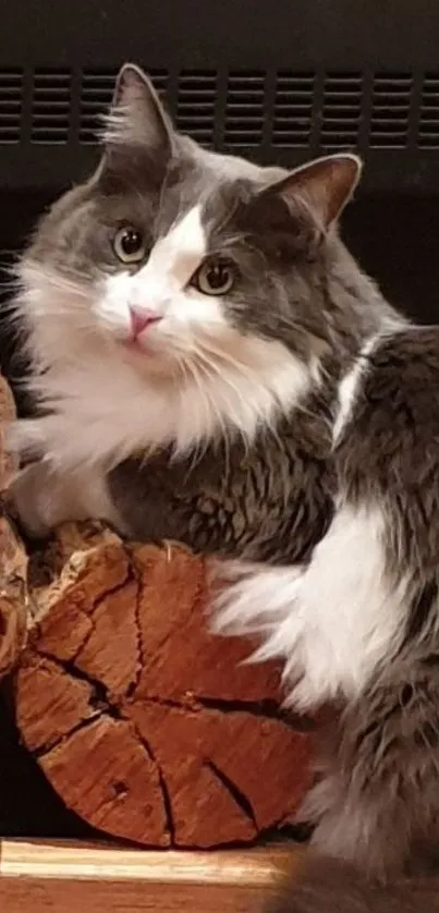 Fluffy cat resting on wooden logs, cozy wallpaper.