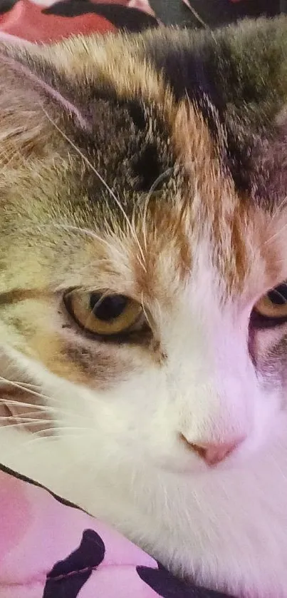 Cozy cat resting on pink and black patterned blanket.