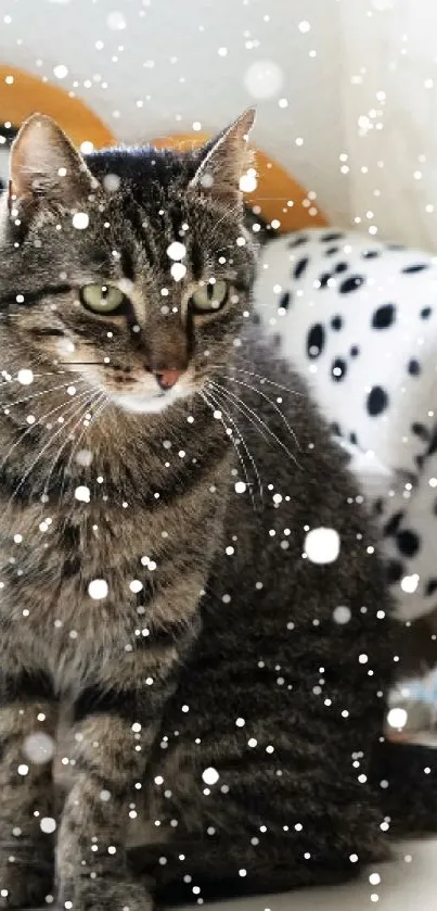 Tabby cat sitting on a polka dot sofa.