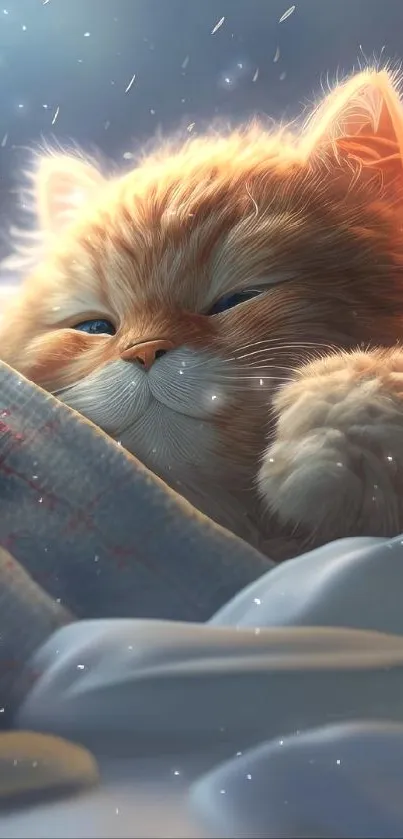 Cute ginger cat peacefully sleeping under a cozy blanket.