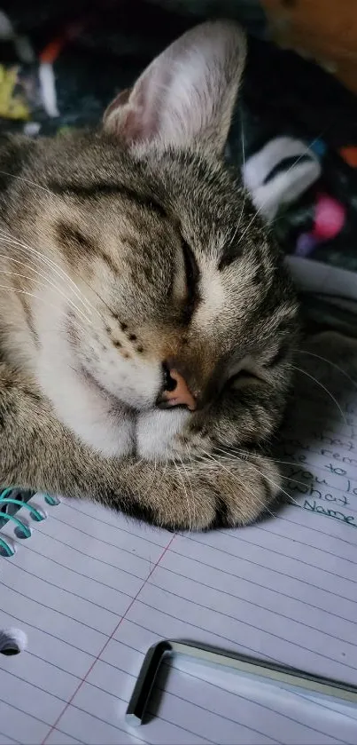 Cat sleeping on a notebook with colorful background.