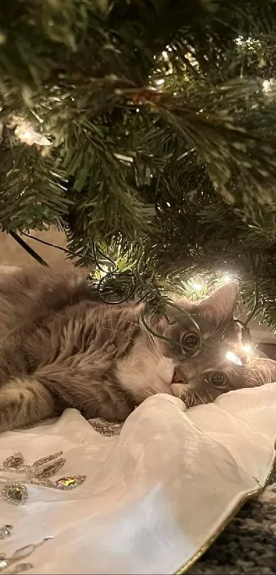 Cat relaxing under a decorated Christmas tree with festive lights.