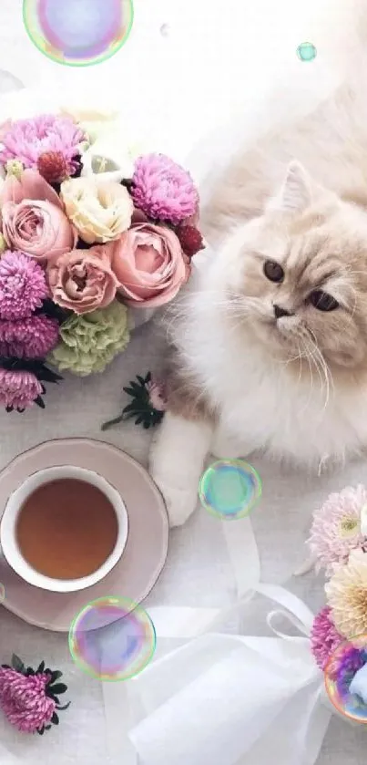 Fluffy cat with floral bouquet and tea, cozy wallpaper.