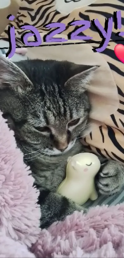 Cozy cat snuggling with a plush toy.