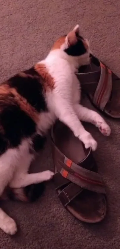 Calico cat peacefully resting on sandals on a carpeted floor.