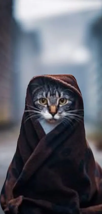 Cat wrapped in a brown blanket in an urban setting.