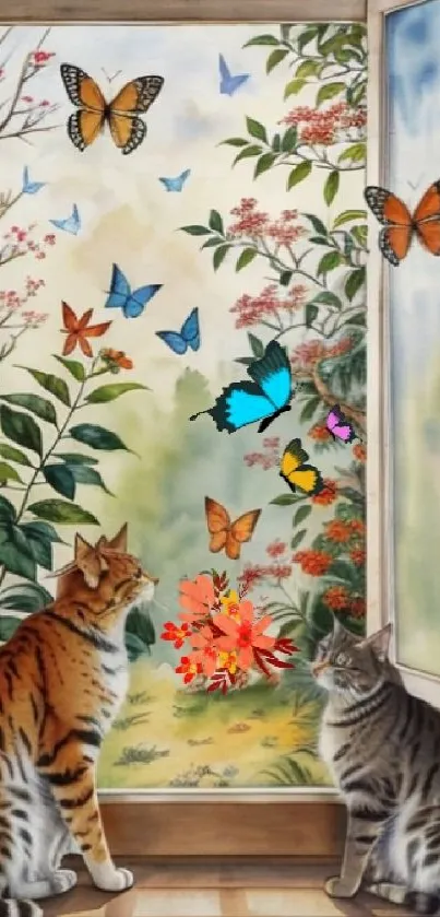 Two cats with butterflies by an open window, showcasing nature's beauty.