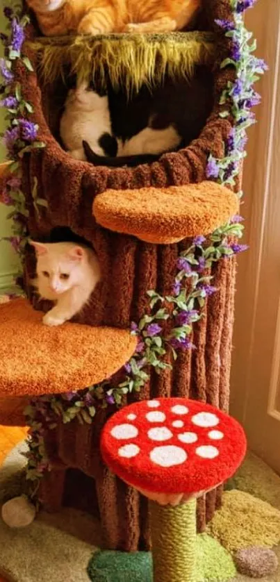 Three cats in a brown treehouse cat tree with colorful accents.