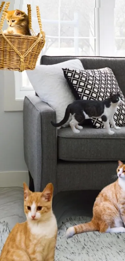 Adorable cats in a stylish living room setting wallpaper.