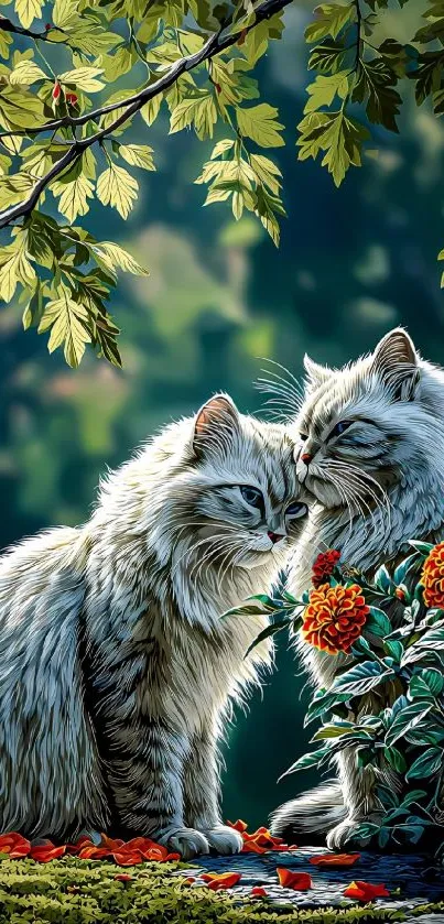 Two fluffy cats nestled among flowers and leaves.