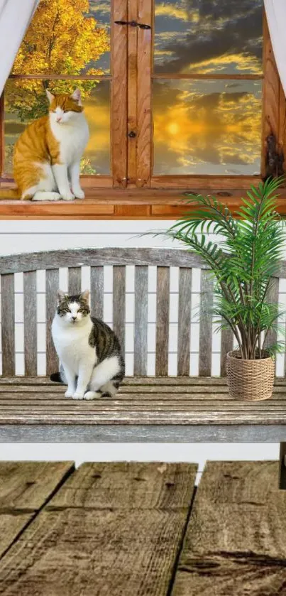 Two cats with a rustic bench and window scene.