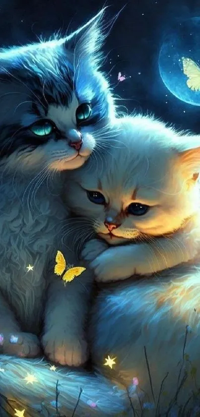 Fluffy cats cuddling under moonlit sky with glowing butterflies.