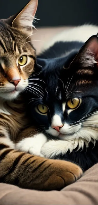 Two cozy cats cuddled together on a soft surface.